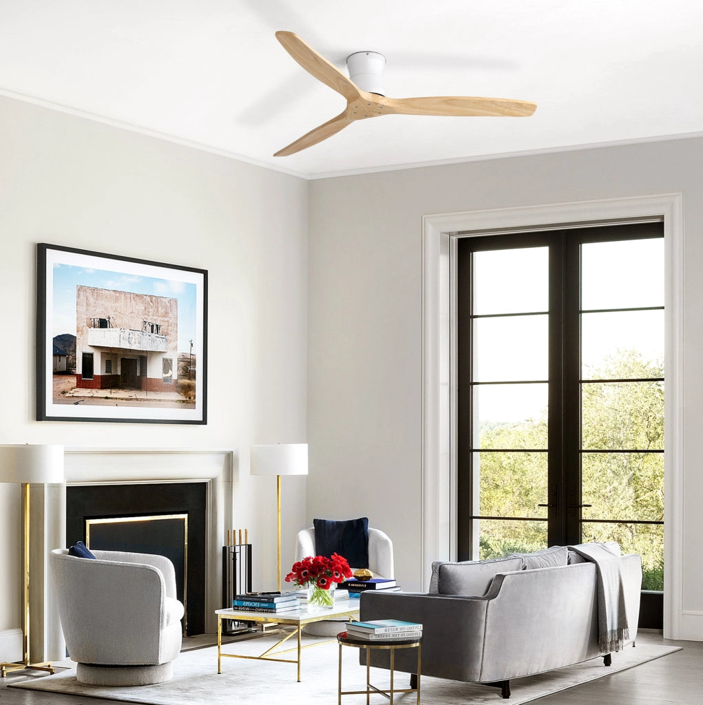 Ventilatore da soffitto da 52 pollici in legno massello bianco con telecomando e timer
