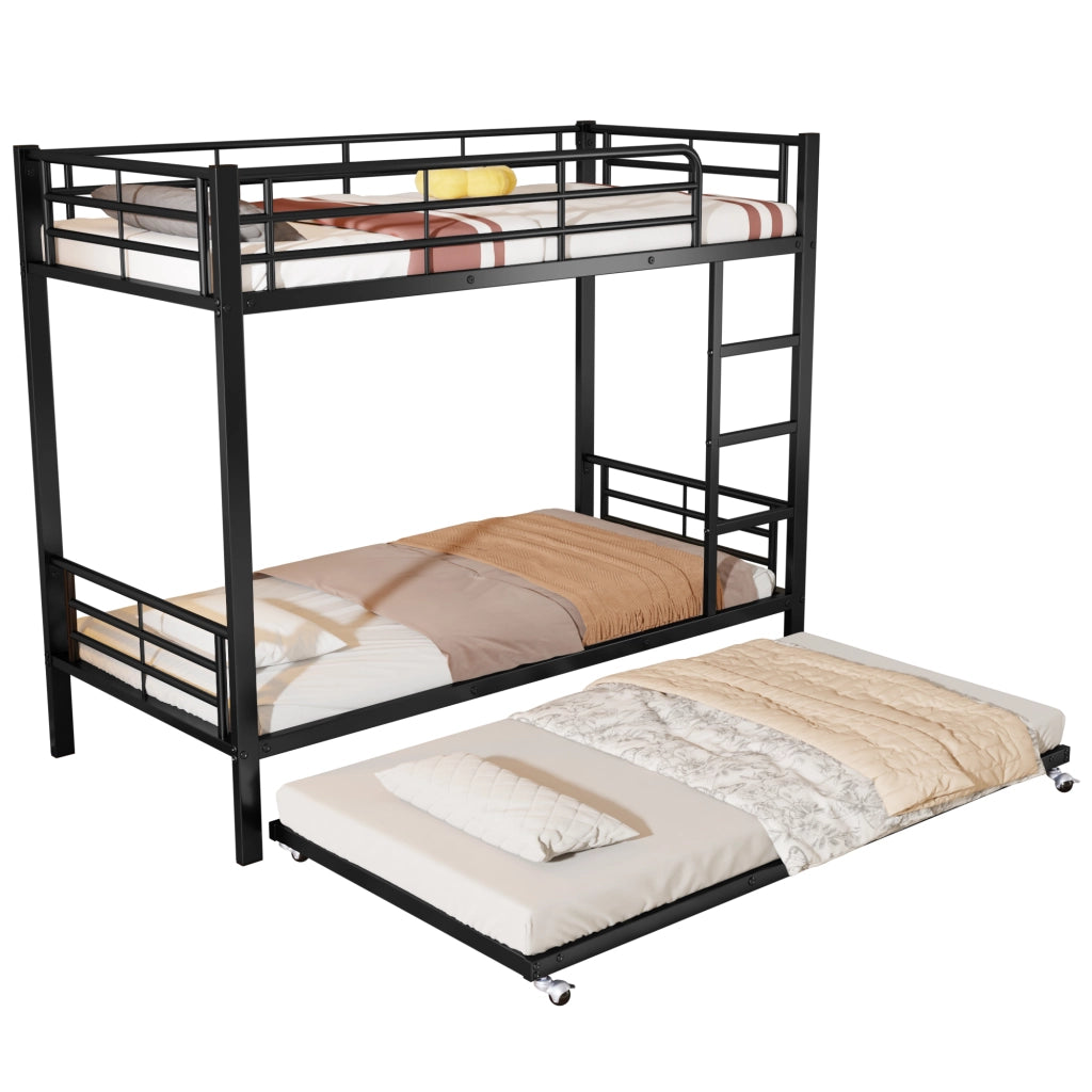 Letto a castello con letto estraibile in metallo nero 90 × 200 cm e 90 × 190 cm con scala a tre gradini