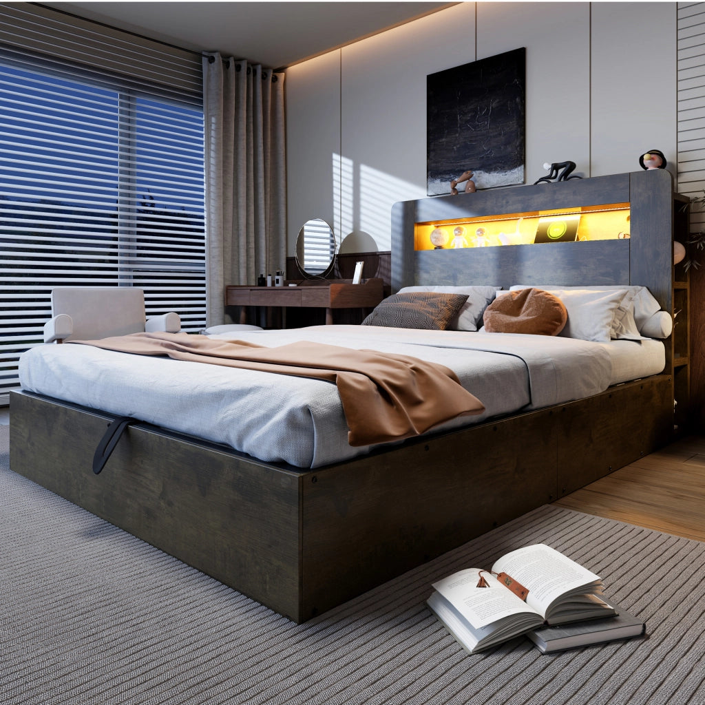Letto contenitore 140 × 200 cm con sollevamento idraulico testiera con LED prese e vani in legno vintage