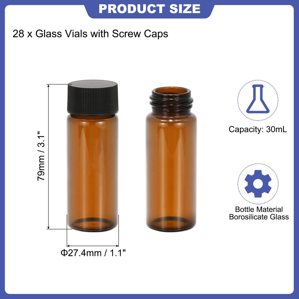 28 flaconi in vetro ambrato da 30 ml con tappo a vite, a tenuta stagna