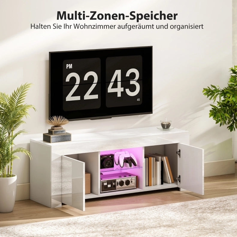 Mobile TV in truciolato bianco con illuminazione LED RGB, 2 ante, ripiano in vetro, 120x34x45 cm