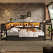 Letto singolo 90 x 200 cm nero con scrivania, cassetti e luce a più colori