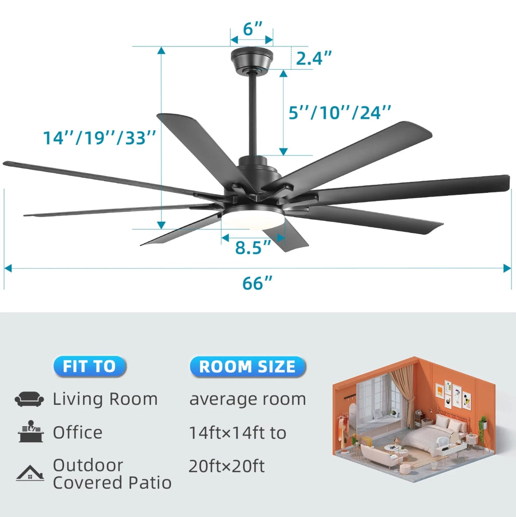 Ventilatore da soffitto ULEVR 168 cm nero con telecomando, 8 velocit¨¤, timer e motore a corrente continua reversibile