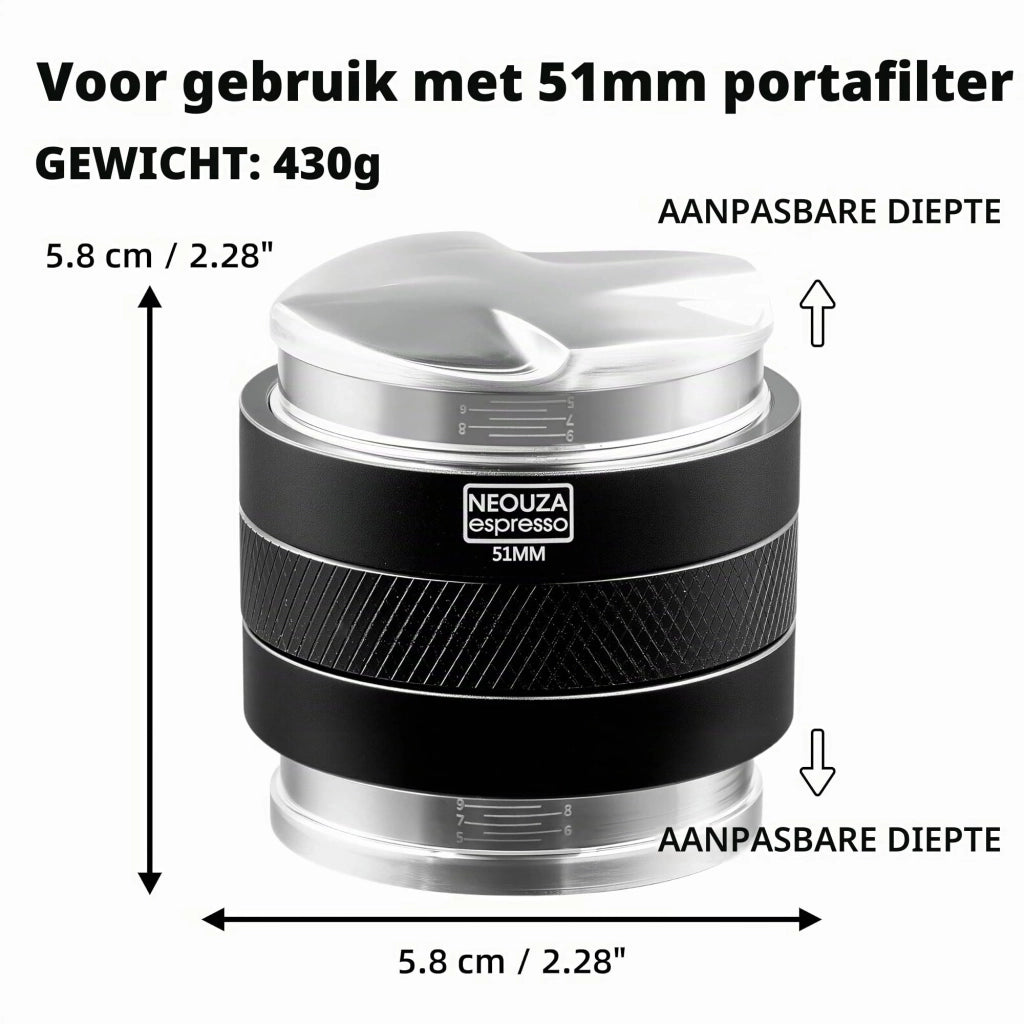 Distributore e pressino per caffè da 51 mm, 2-in-1, con profondità regolabile, in acciaio inossidabile