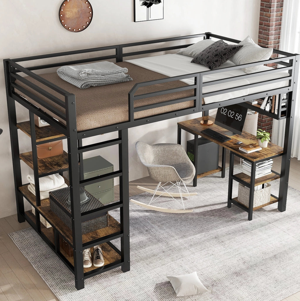 Letto a soppalco 120x200 cm con scrivania e ripiano in metallo e truciolare; nero noce scuro