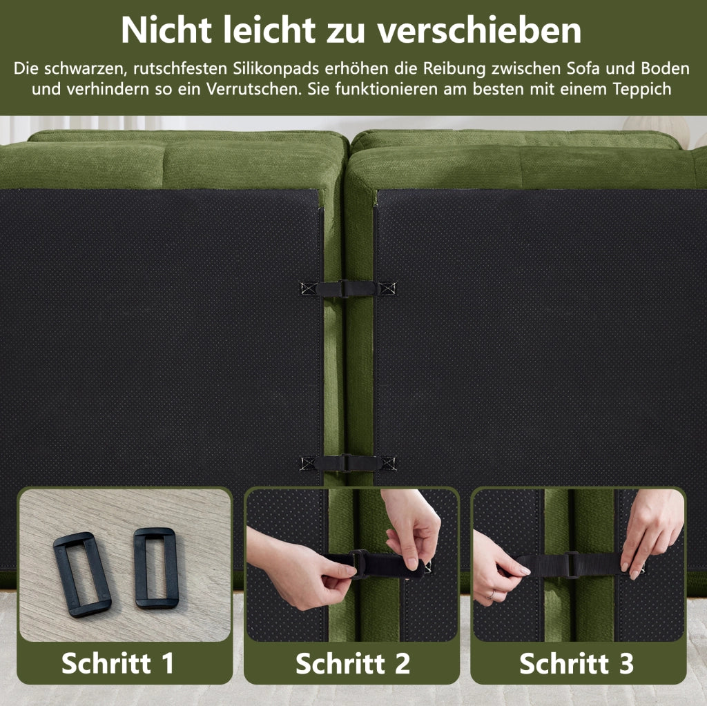 Divano modulare in ciniglia verde con pouf, 194 × 160 × 68 cm