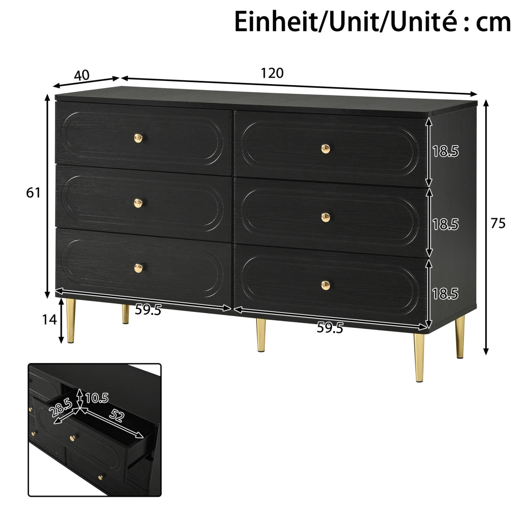 Cassettiera 6 cassetti 120x40x75 cm in MDF e pannelli truciolari neri