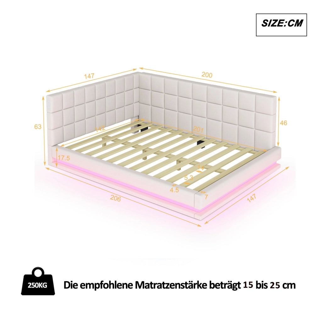Divano Letto Imbottito 140x200 cm con LED, Porta USB e Rete a Doghe, Beige in Lino
