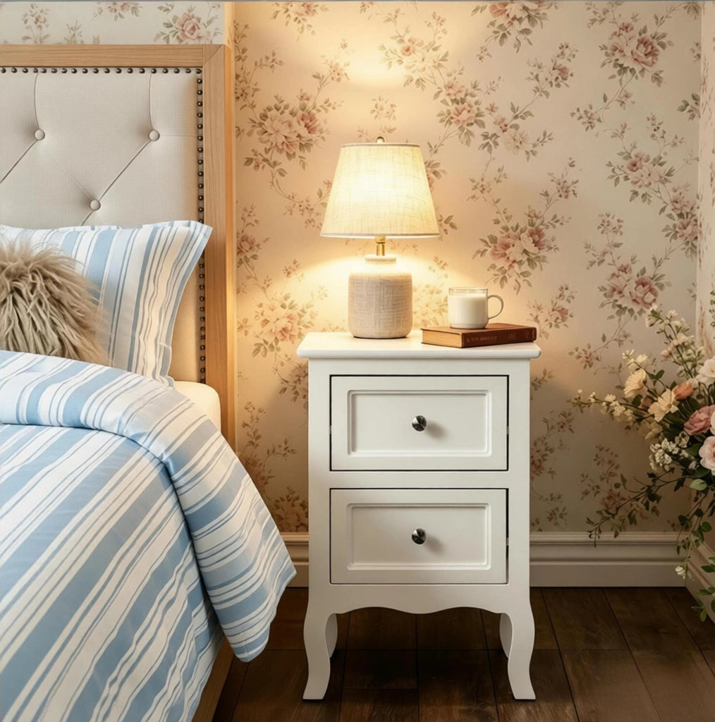 Comodino moderno in MDF bianco con 2 cassetti, 40x60x30 cm
