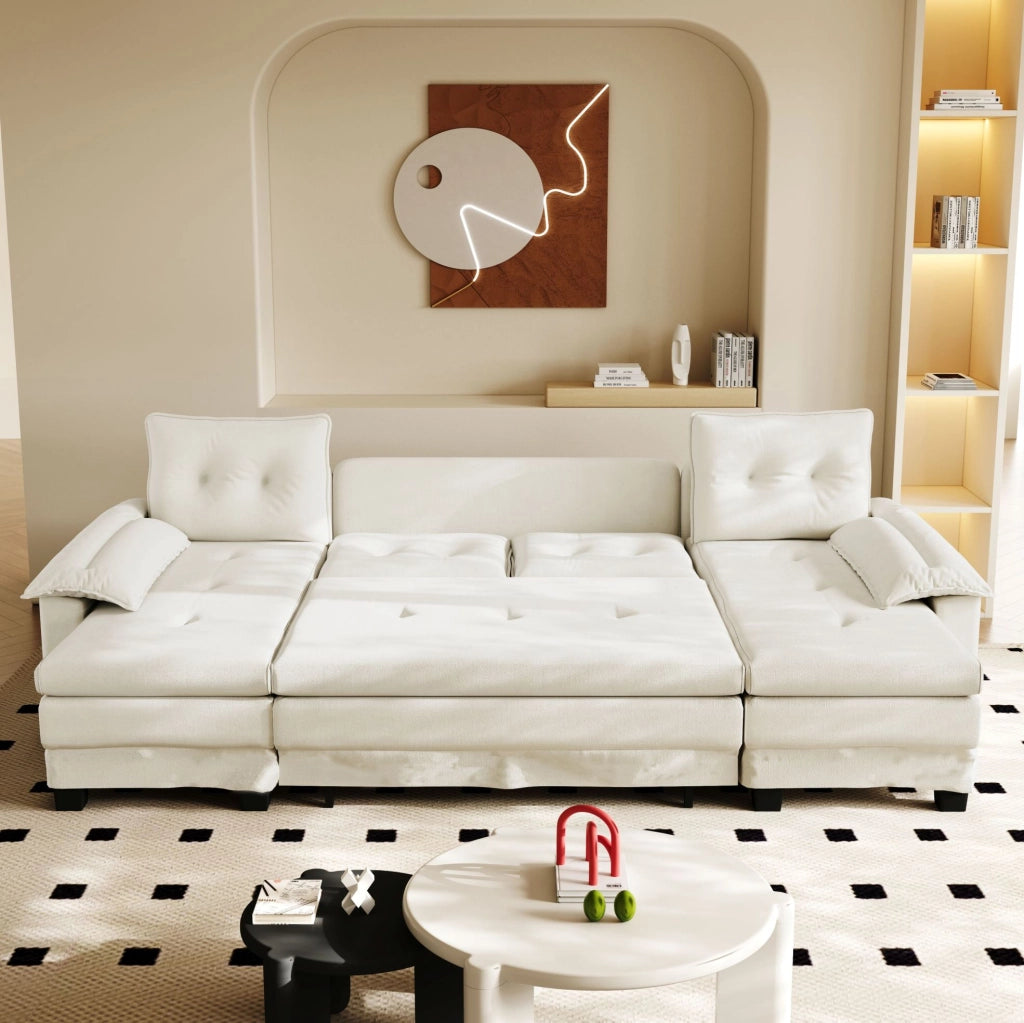 DIVANO LETTO Modulare a U 278x127x87 cm in ciniglia beige con USB