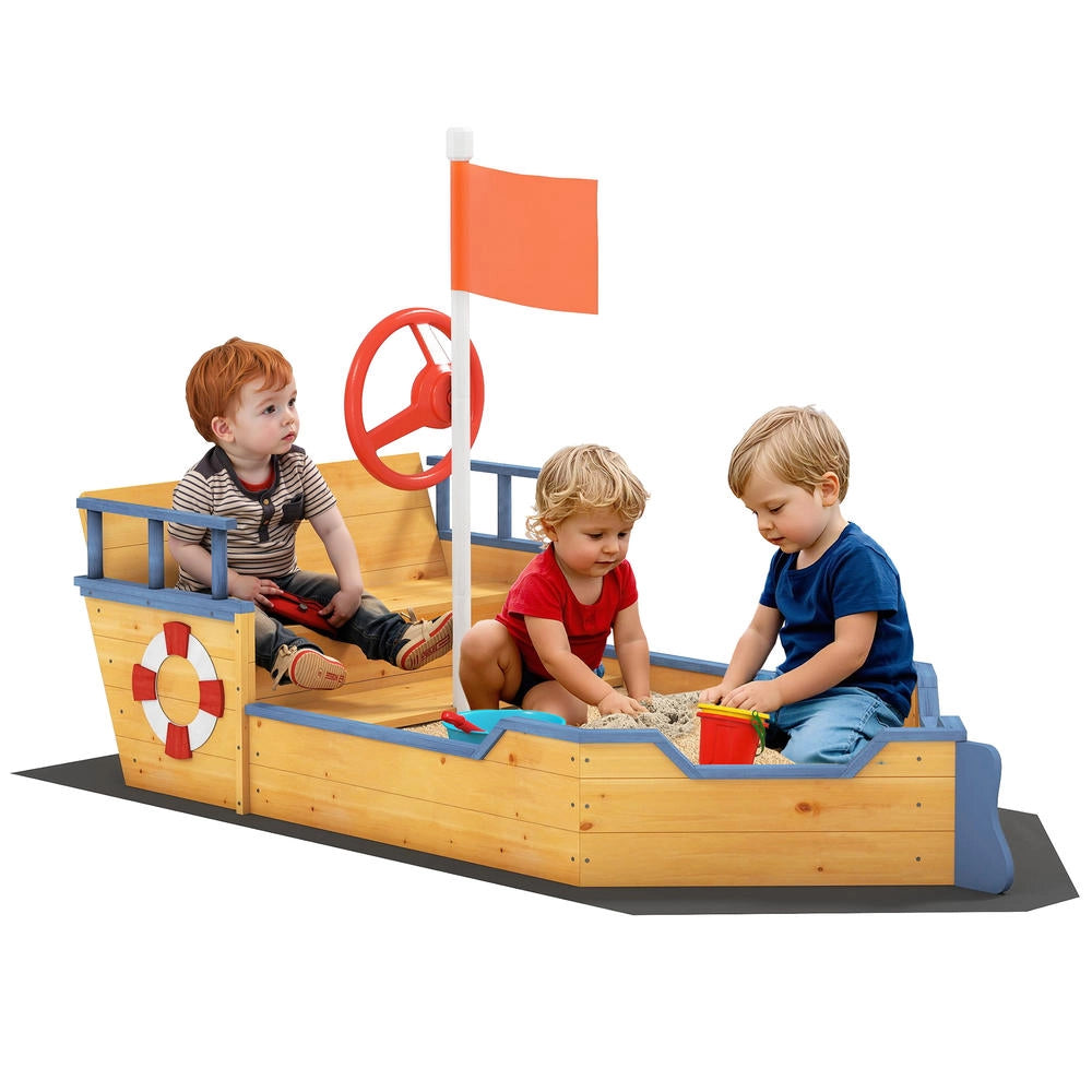 Sabbiera per Bambini a Forma di Barca Pirata con Timone Bandiera Vano Contenitore e Seduta con Schienale per Giardino Esterno