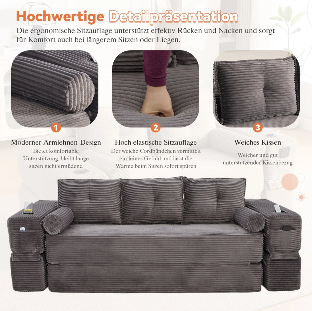 Divano letto modulare in velluto a coste grigio scuro 232 cm