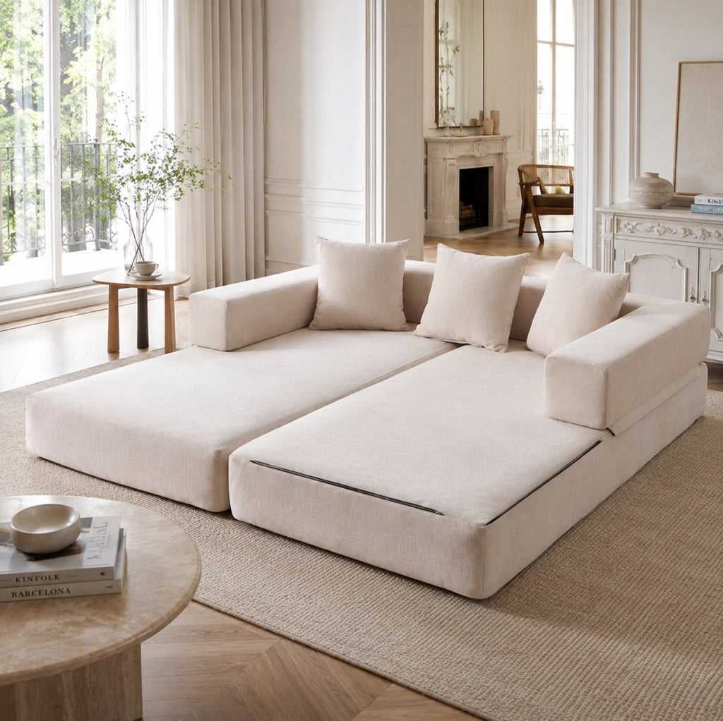 Modulo divano componibile in ciniglia beige con tasche laterali