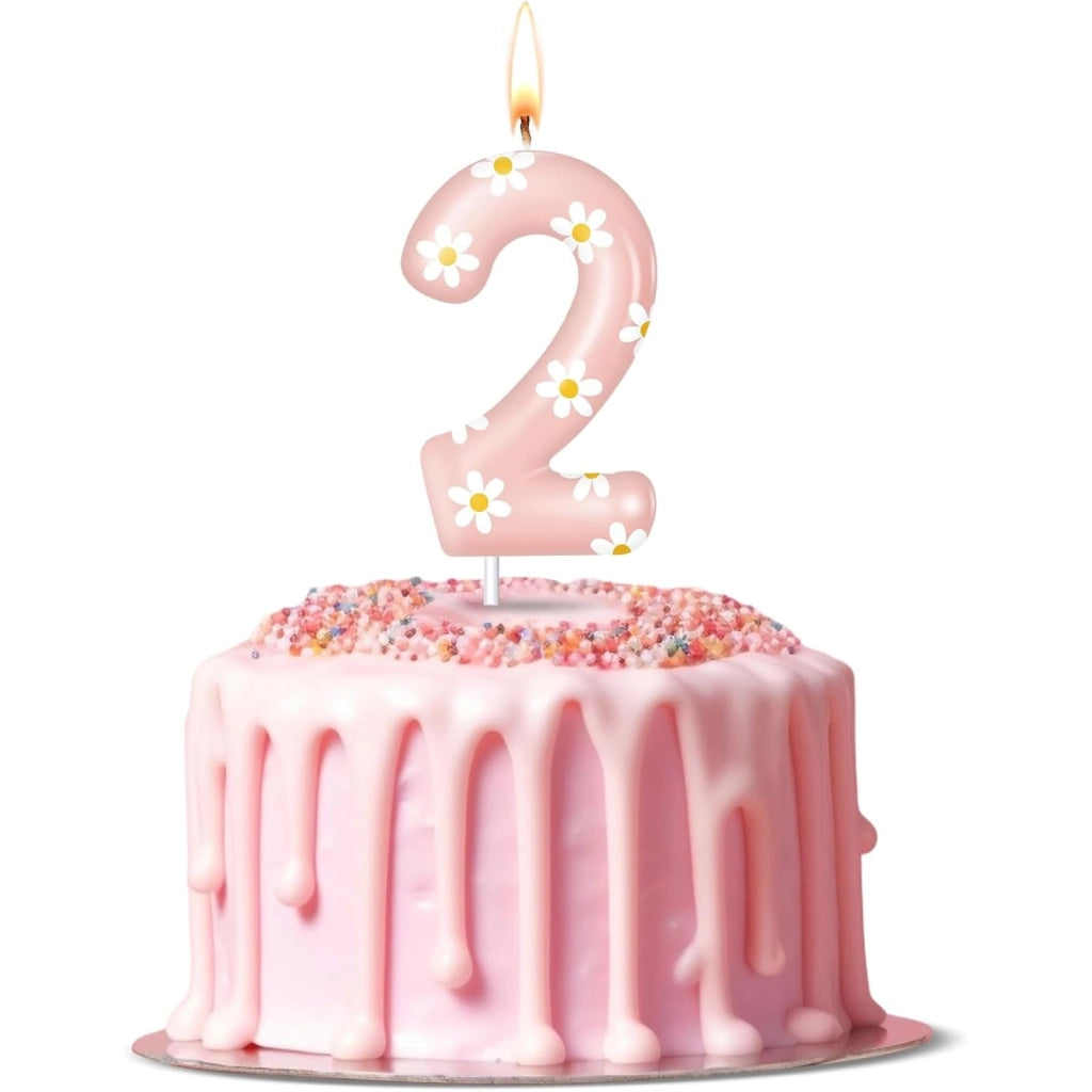 Candeline per torta a forma di margherite, numero 2, rosa, 8,5 cm, in paraffina