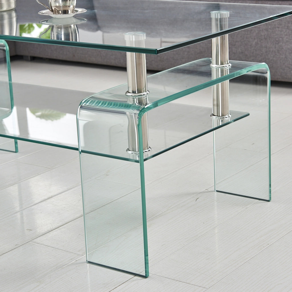 Tavolino da caffè in vetro temperato 100x55x45 cm trasparente a 2 ripiani