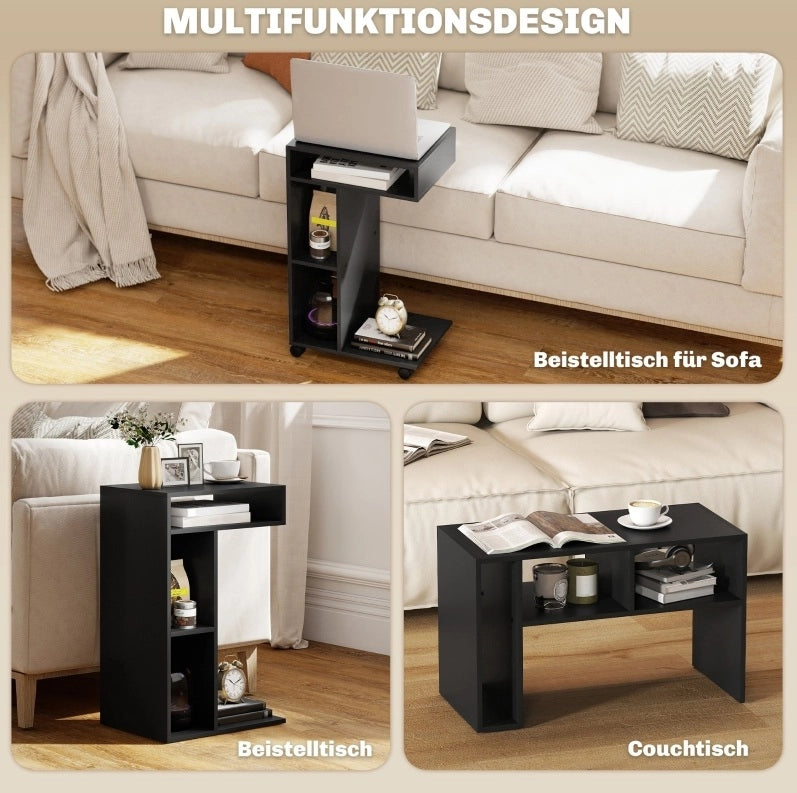 Carrello da servire a forma di C con 4 ruote e 3 ripiani, 40x30x69 cm, nero
