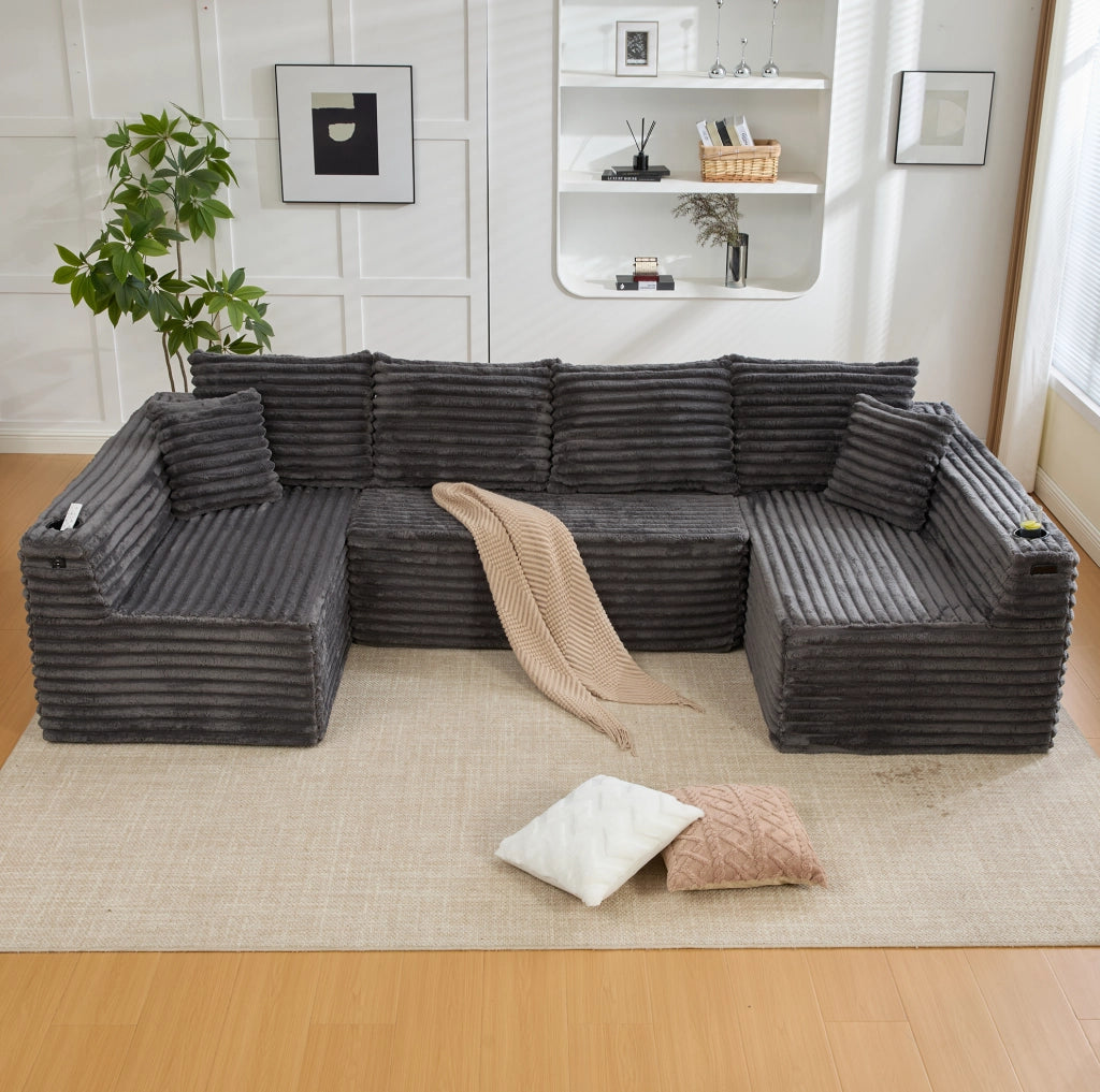 Divano modulare a U 320x155x88 cm in corduroy grigio scuro con portabicchieri