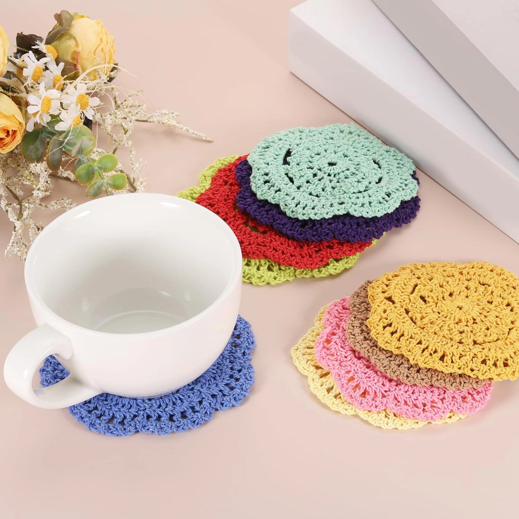 Set di 8 sottobicchieri all'uncinetto, diametro 10 cm, in cotone, color senape
