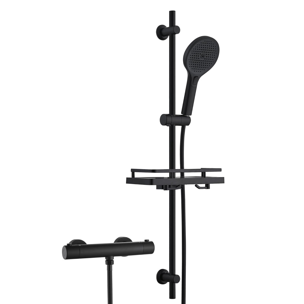 Colonna doccia termostatica, asta da 100 cm, doccetta manuale, ripiano, colore nero