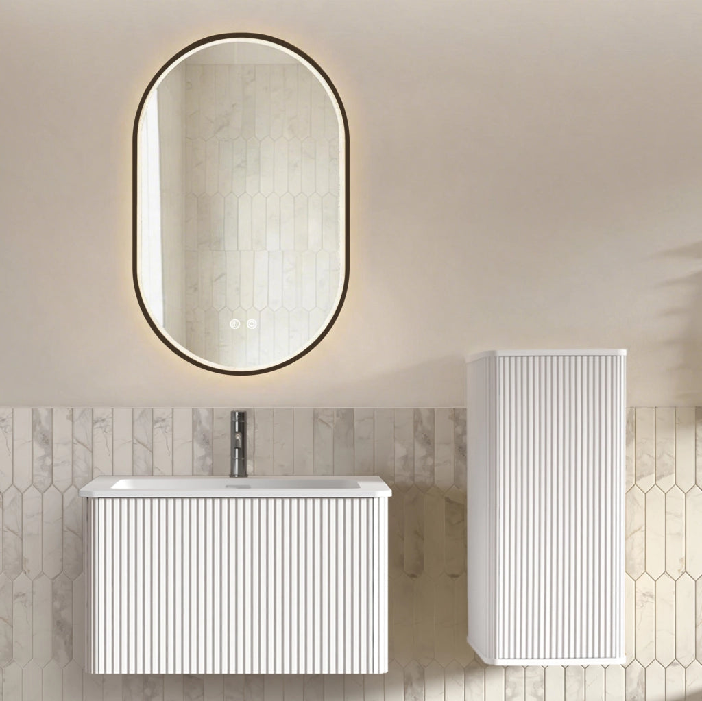 Set mobili bagno sospesi con lavabo in pietra acrilica, mobile laterale e specchio LED regolabile, 80 cm, bianco opaco