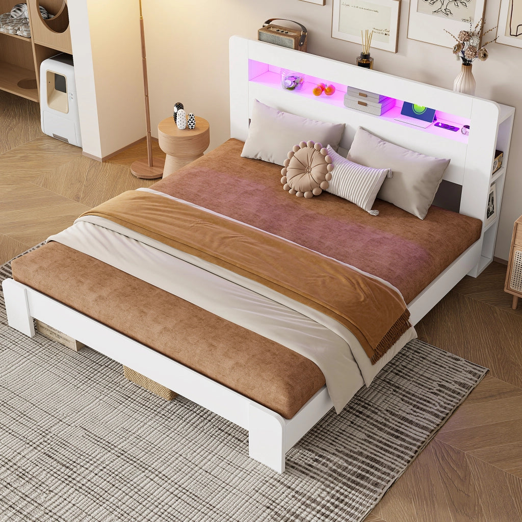 Letto matrimoniale a piattaforma 180 × 200 cm in legno bianco con testiera contenitore LED e prese integrate