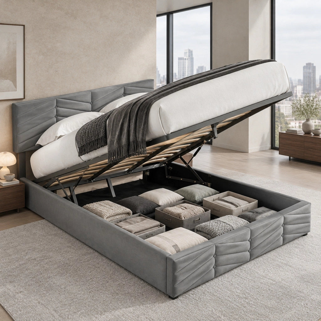 Letto imbottito contenitore 140x200 grigio in velluto con materasso