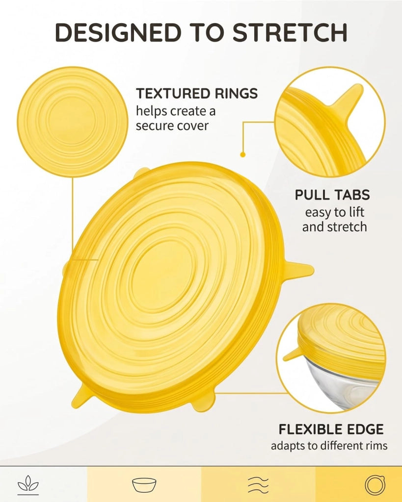 Set di coperchi in silicone, 6 pezzi, ermetici, riutilizzabili, colore giallo