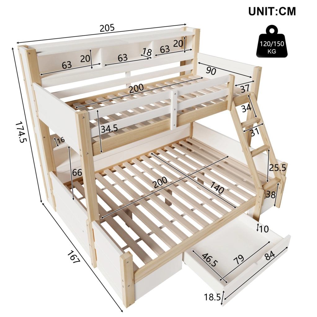 Letto a castello in legno massello 90x200 cm + 140x200 cm con scale, sponde, cassetto e luci LED, bianco e naturale, senza materasso