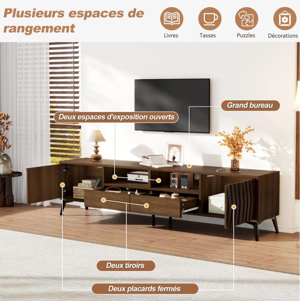 Mobile TV in truciolato effetto noce 180x35x45 cm con 2 ante a battente, 2 cassetti e 2 vani a giorno per TV fino a 75 pollici