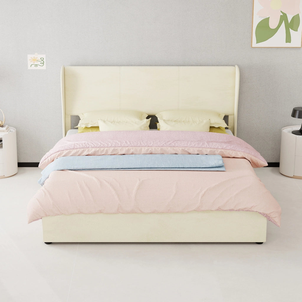 Letto 160x200 cm, Testiera e Schienale in Velluto - Struttura in Metallo - Beige