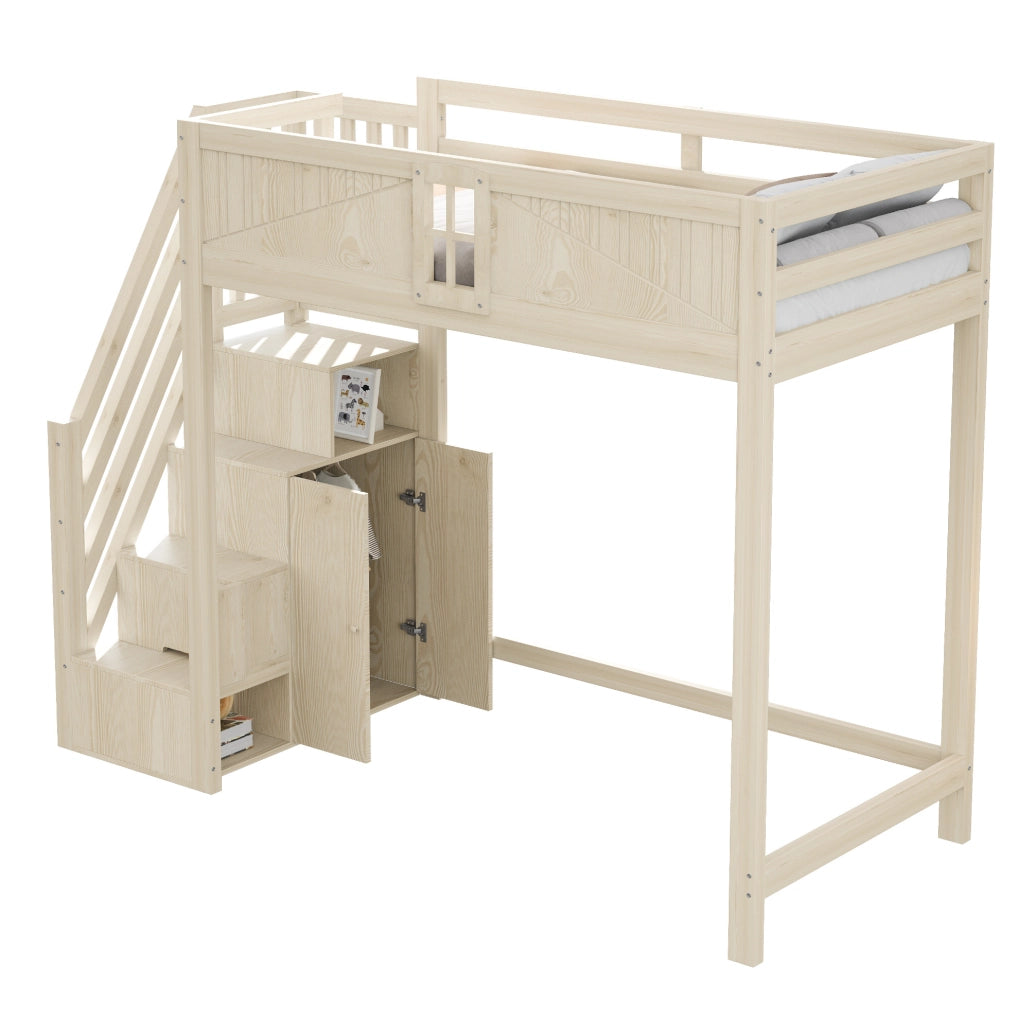 Letto a soppalco in legno massiccio 90 x 200 cm con scala di sicurezza reversibile e spazio multifunzionale