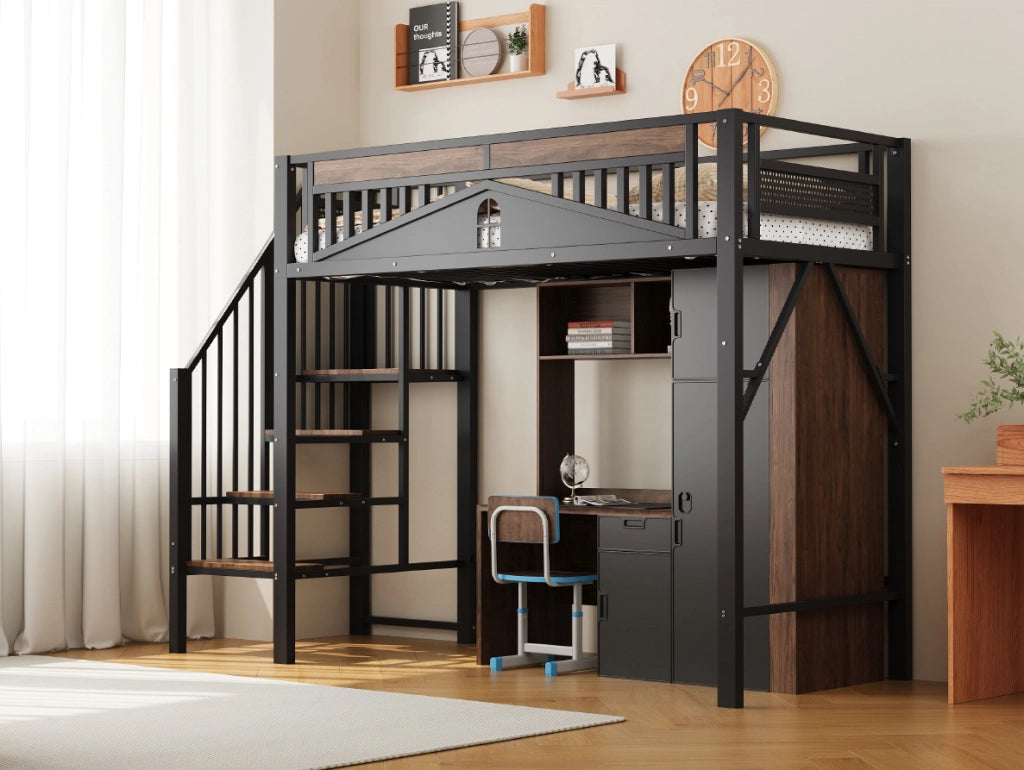 Letto a castello in metallo 90x200 cm con ringhiera di sicurezza e scaletta, nero