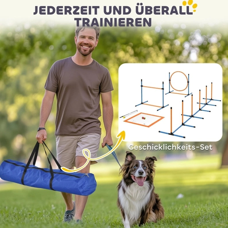 Set agility per cani con ostacolo, cerchio e pali da slalom blu