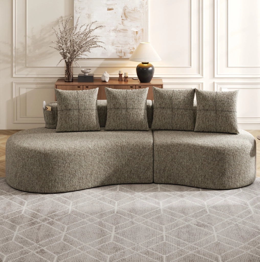 Divano 4 posti 240x109x63 cm in lino kaki con portabicchieri e tasche laterali