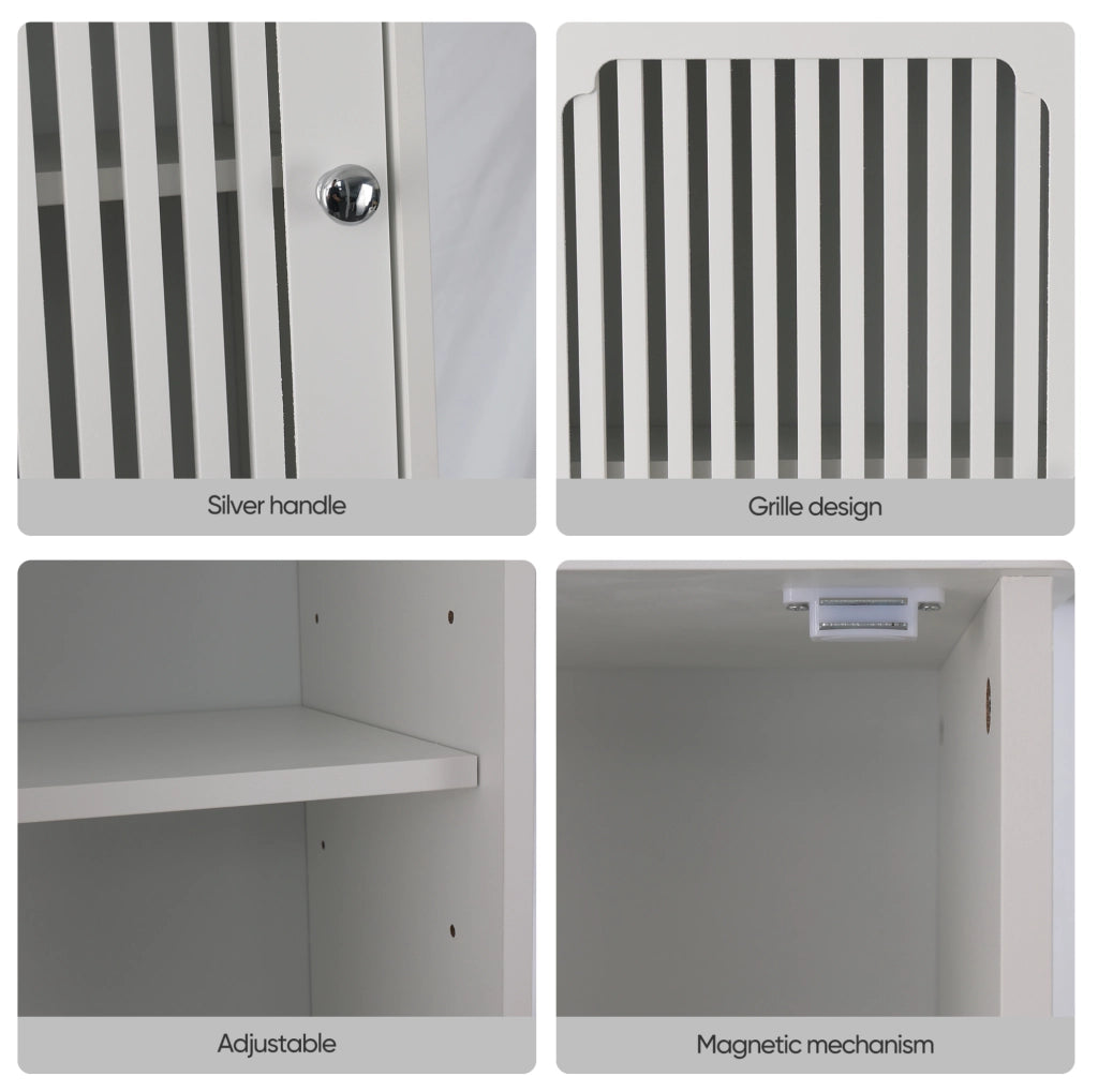 Mobile bagno alto 163 cm in MDF bianco con ripiani regolabili e ante a lamelle