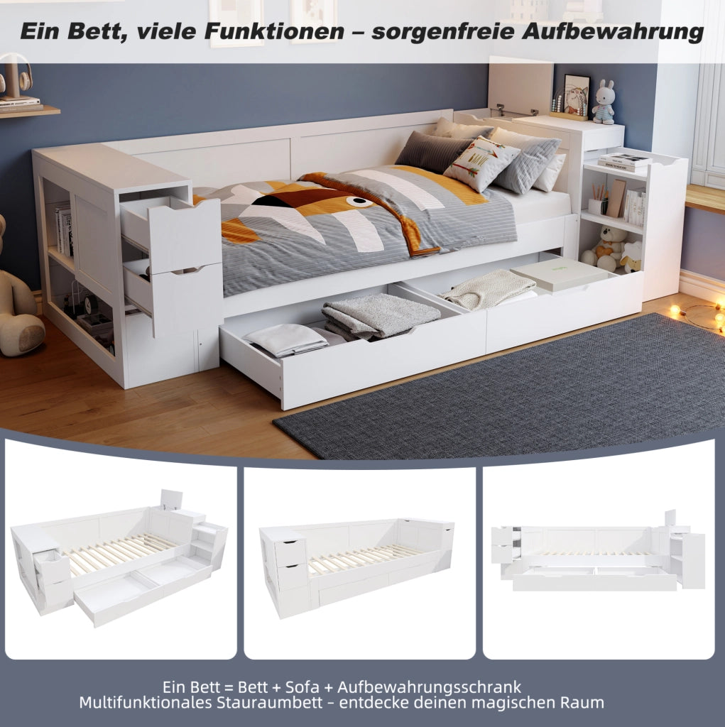 Letto singolo in MDF bianco 140x190 cm con contenitore e cassetti, struttura robusta, senza materasso