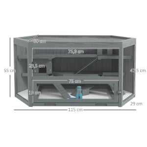 Gabbia per roditori a 3 piani esagonale in legno, 115x60x55 cm, grigia, con coperchio ribaltabile, finestra e rampa