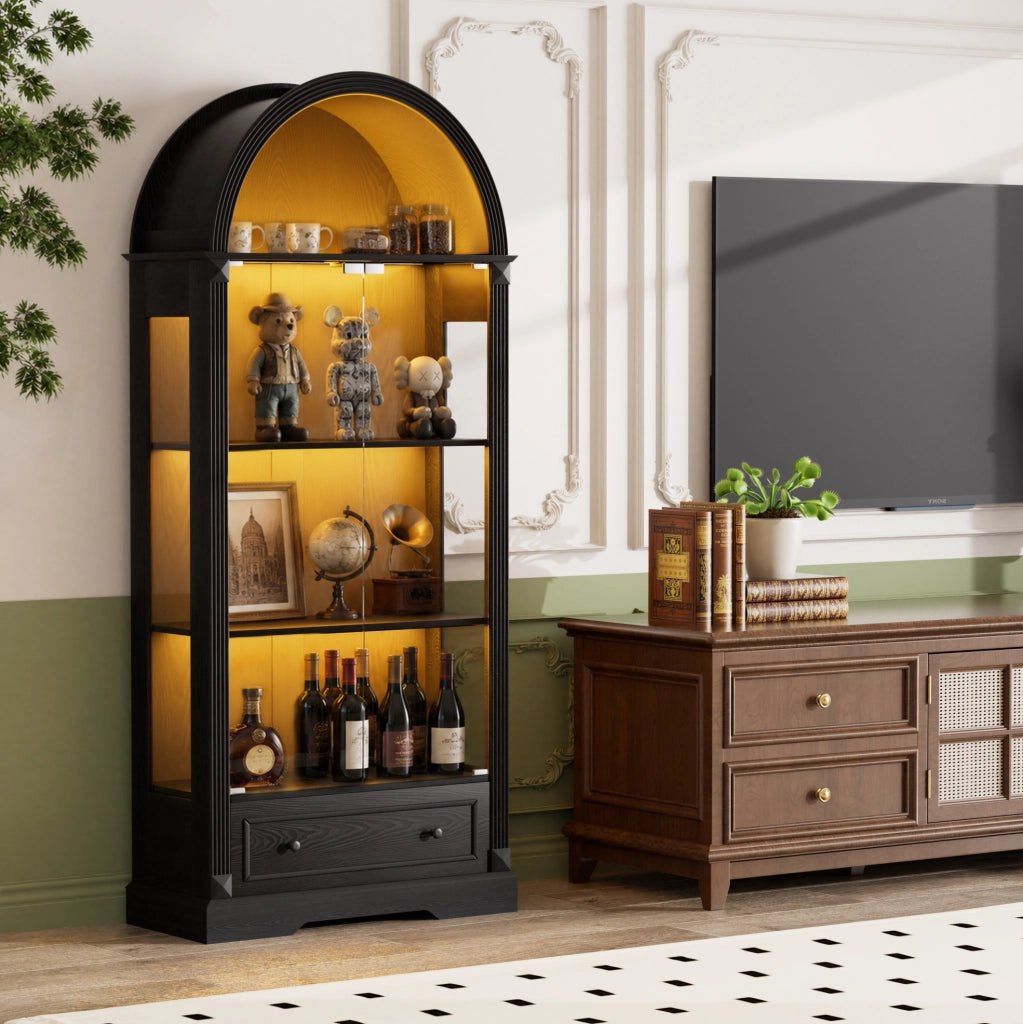 Vetrina ad arco nera in MDF e vetro, 80 × 35 × 180 cm