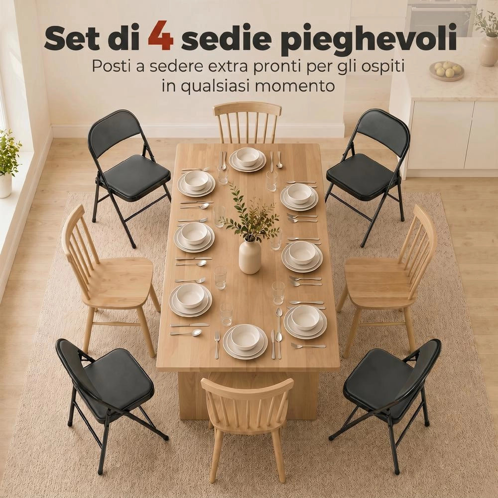 Sedie Pieghevoli Imbottite in Finta Pelle PU e Metallo, Set da 4 Salvaspazio, Sedute Richiudibili per Casa, 45x46x78 cm, Nero
