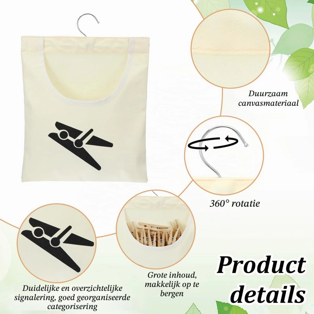 Sacchetto per stendere i panni, 35,5x26 cm, in tela, color beige, con gancio