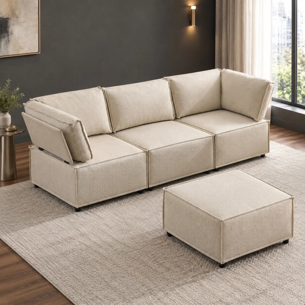 Divano modulare beige a U con poggiapiedi, 238 × 154 × 75 cm