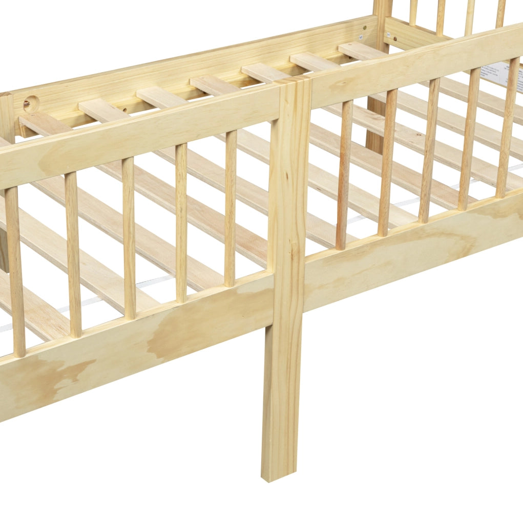 Letto giorno in pino 90x200 cm con ringhiera su 3 lati e 14 doghe, colore naturale