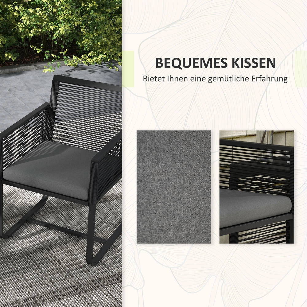 Set Bistro da Giardino 3 Pezzi in Rattan con Tavolino in Vetro e Cuscini, per Balcone e Terrazzo Resistente, 53 cm x 57 cm x 77 cm, Nero e Grigio