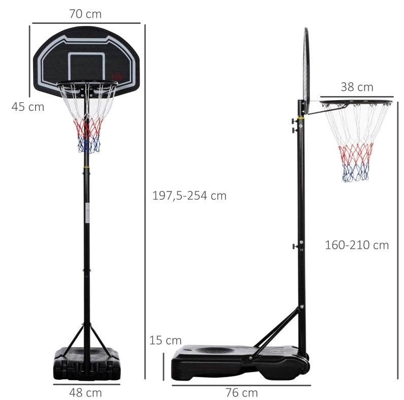Canestro da basket da esterno regolabile 160-210 cm in acciaio nero con ruote