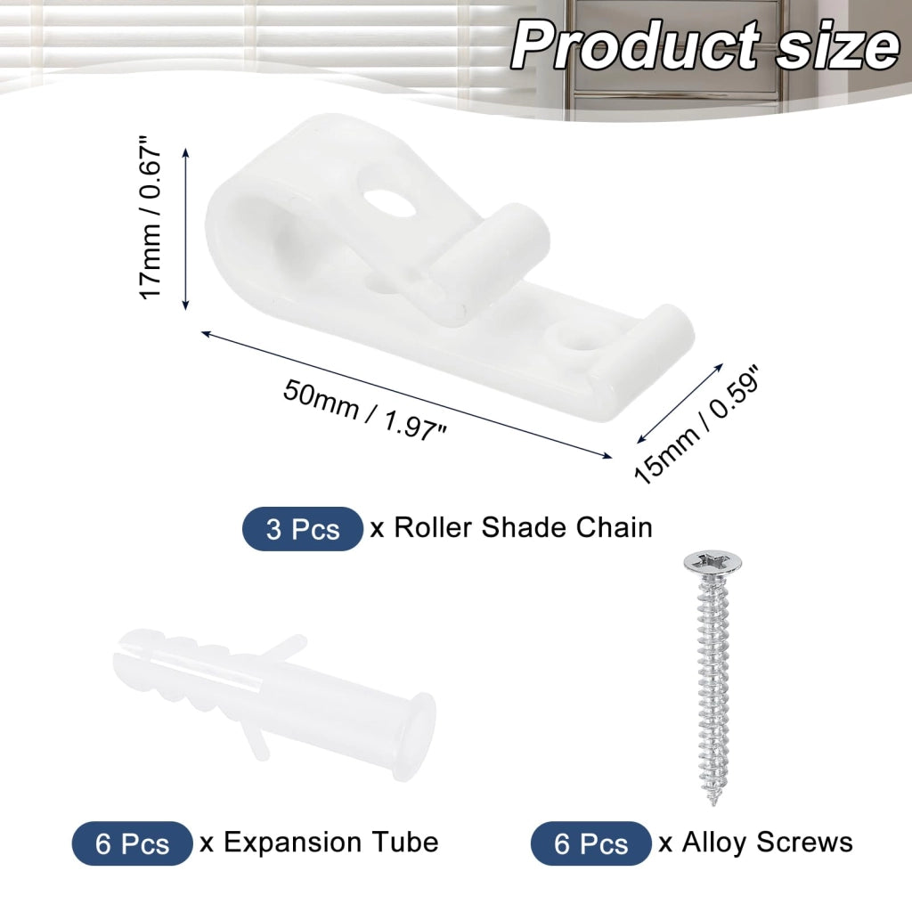 Set di 3 supporti per catene di tende, dimensioni 50x15 mm, con gancio a "P", colore bianco