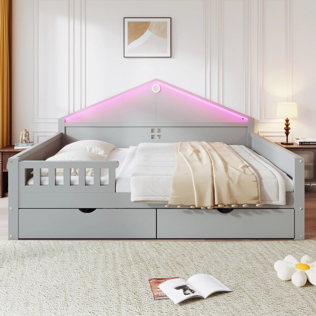 Letto singolo multifunzione 140 × 200 cm con cassetti luce LED legno e MDF grigio portata massima 150 kg