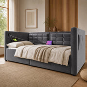 Divano letto 90 × 190 cm con contenitore idraulico; USB e Type-C; velluto grigio