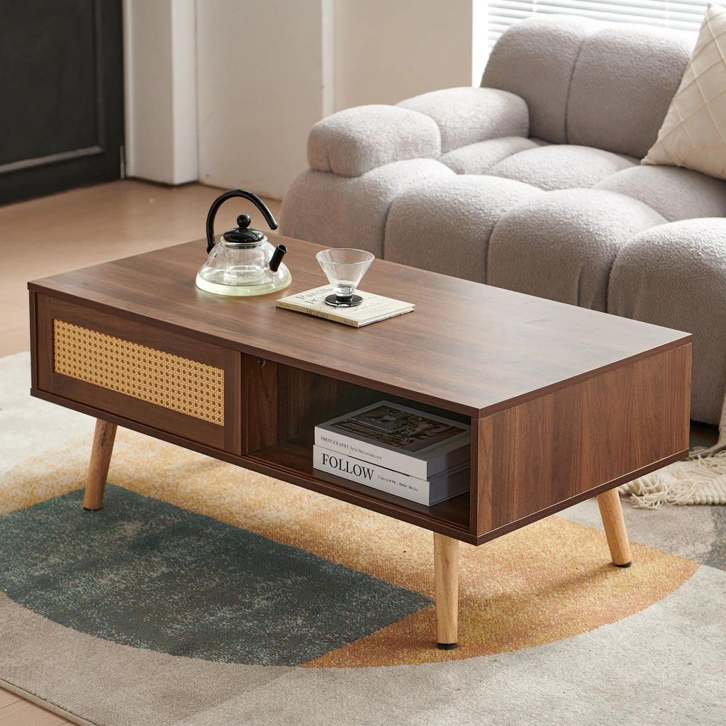 Tavolino da salotto in rattan con ante scorrevoli gambe in legno noce scuro