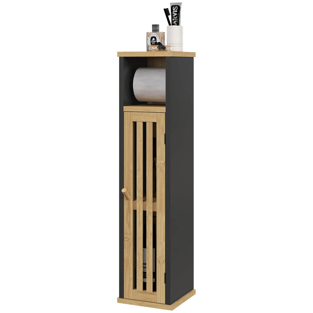 Mobile Bagno da Terra con Portarotolo in MDF e Bambù 2 Ripiani Salvaspazio Mobiletto WC Compatto e Pratico