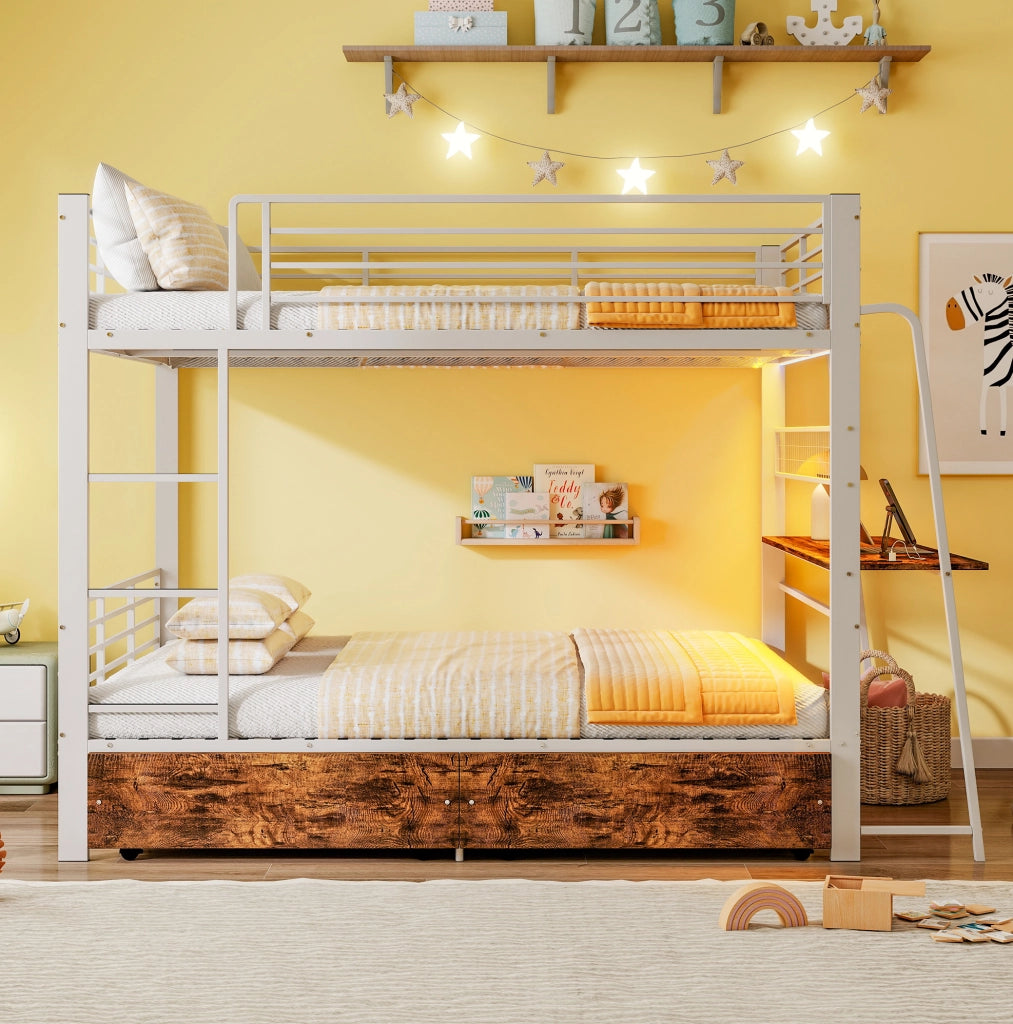 Letto a soppalco 140 x 200 cm con scrivania, cassetti e illuminazione LED, bianco opaco e noce
